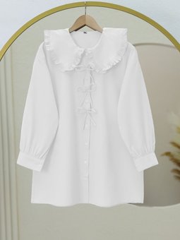 Önü Fiyonk Detaylı Bebe Yaka Poplin Beyaz Gömlek