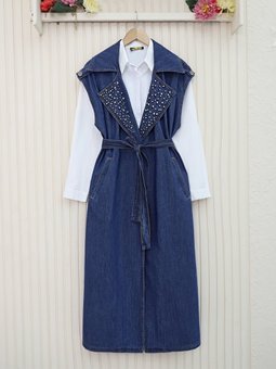 Önü Taş Detaylı Kemerli Kot İndigo Yelek