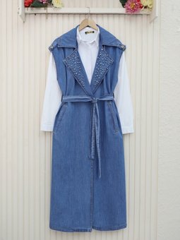 Önü Taş Detaylı Kemerli Kot Mavi Yelek