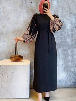 Siyah Kolu İşleme Tüllü Bağcıklı Kalem Abiye Elbise