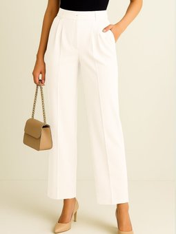 Tek Düğmeli Önü Katlama Detaylı Cepli Beyaz Pantolon