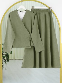 Yandan Bağlamalı Etekli Keten Haki Takım