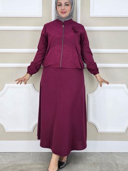 Bordo Taş Detaylı Simli İkili Takım