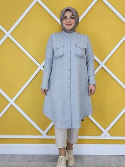 Gri Cepleri Mini Püskül Detaylı Keten Gömlek