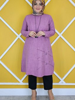 Gül Kurusu Nervür Dikim Detaylı Kolyeli Tunik