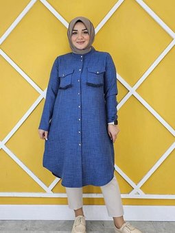 İndigo Cepleri Mini Püskül Detaylı Keten Gömlek