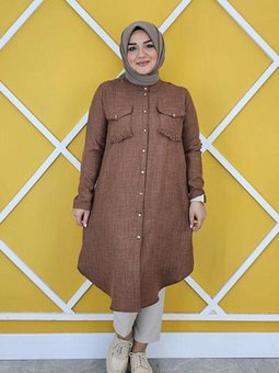 Kahverengi Cepleri Mini Püskül Detaylı Keten Gömlek