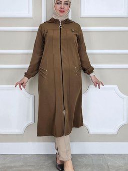 Kahverengi Kapüşonlu Nervür Dikim Detaylı Kap