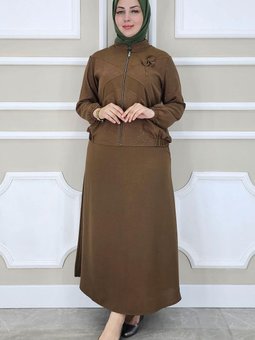 Kahverengi Taş Detaylı Simli İkili Takım