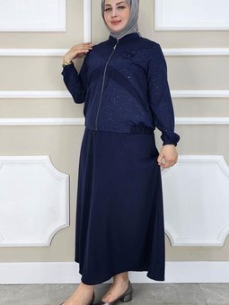 Lacivert Taş Detaylı Simli İkili Takım