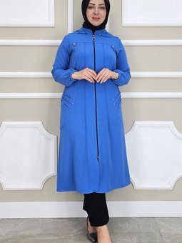 Mavi Kapüşonlu Nervür Dikim Detaylı Kap