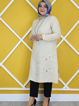 Taş Nervür Dikim Detaylı Kolyeli Tunik