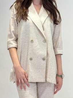 Bej Keten Yaka Detaylı Ceket