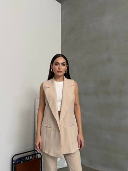 Bej Premium Yaka Detaylı Astarlı Uzun Yelek