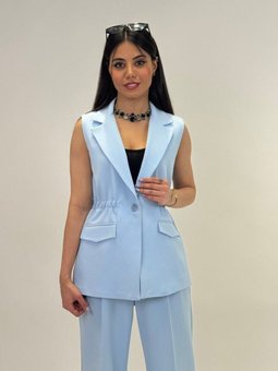 Mavi Beli Yastıklı Yaka Detaylı Yelek