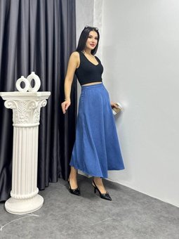 Mavi Uzun Keten Kloş Etek