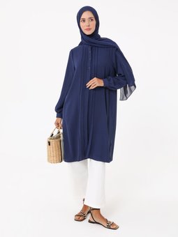 Düğme Detaylı Nervürlü Aerobin Lacivert Tunik