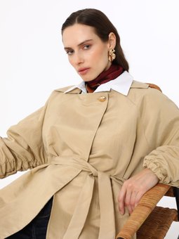 Kolları Büzgü Detaylı Kuşaklı Şık Exclusive Ceket Vizon