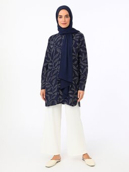 Viskoz Baskılı Beyaz Tunik Lacivert