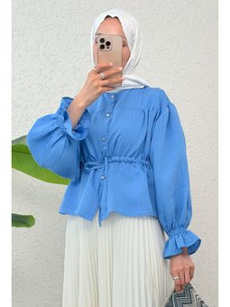 Bel Büzgülü Etek Üstü Mavi Gömlek