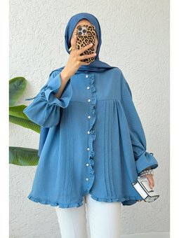 İndigo Nervürlü Fırfırlı Tunik