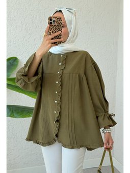 Koyu Haki Nervürlü Fırfırlı Tunik