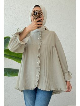 Koyu Taş Nervürlü Fırfırlı Tunik