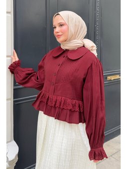 Nervürlü Bebe Yaka Bordo Gömlek