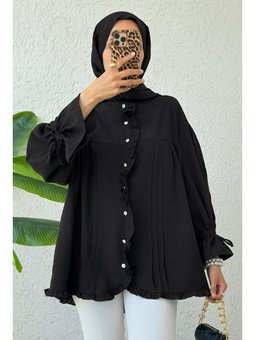 Siyah Nervürlü Fırfırlı Tunik