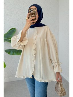 Taş Rengi Nervürlü Fırfırlı Tunik