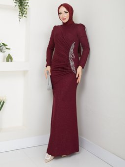 Bordo Alya Tesettür Abiye Elbise