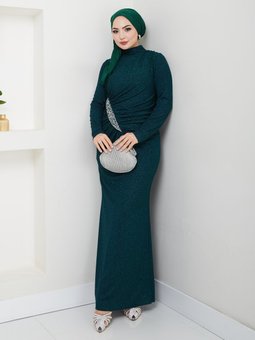 Zümrüt Yeşili Kardelen Tesettür Abiye Elbise