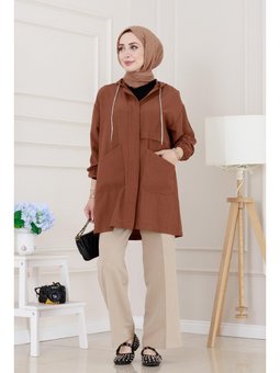 Kapüşonlu Önü Patlı Kahverengi Kap