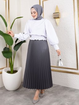 Antrasit Uzun Deri Görünümlü Beli Lastikli Piliseli Etek