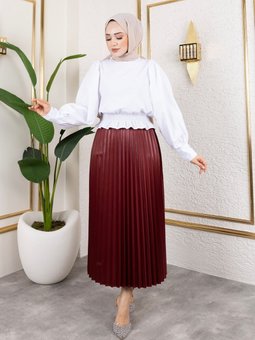 Bordo Uzun Deri Görünümlü Beli Lastikli Piliseli Etek
