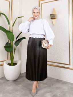 Füme Uzun Deri Görünümlü Beli Lastikli Piliseli Etek