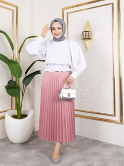 Gül Uzun Deri Görünümlü Beli Lastikli Piliseli Etek