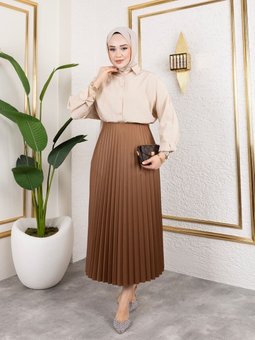 Kahverengi Uzun Deri Görünümlü Beli Lastikli Piliseli Etek