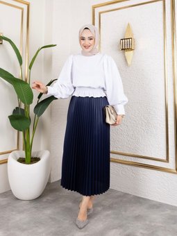 Lacivert Uzun Deri Görünümlü Beli Lastikli Piliseli Etek