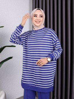 Mavi Bisiklet Yaka Önü Çizgili İki İplik Büyük Beden Tunik