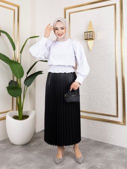 Siyah Uzun Deri Görünümlü Beli Lastikli Piliseli Etek