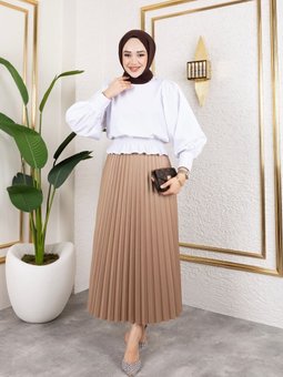 Vizon Uzun Deri Görünümlü Beli Lastikli Piliseli Etek