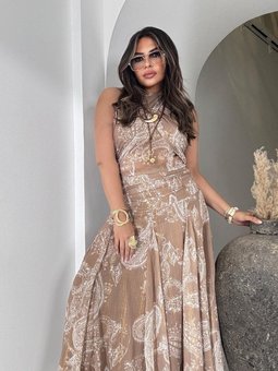 Bej Uzun Şifon Drapeli Simli Yansımalı Etek