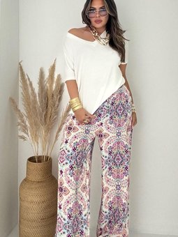 Pembe Desenli Viskon Pantolon