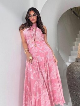 Pembe Uzun Şifon Drapeli Simli Yansımalı Etek