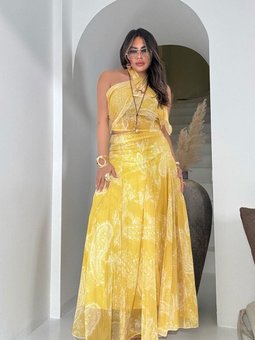 Sarı Uzun Şifon Drapeli Simli Yansımalı Etek