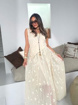 Taş Uzun İşlemeli Yarı Transparan Organze Efekt Etek