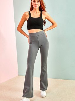 Antrasit Yüksek Bel Fitilli Ispanyol Paça Tayt Pantolon