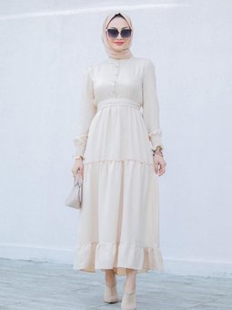 Bej Etek Fırfır Detaylı Keten Elbise