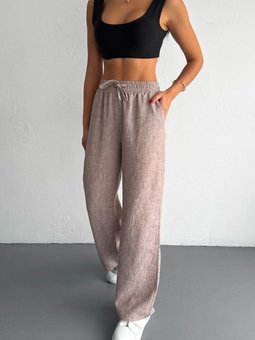 Bej Keten Kumaş Beli Lastikli Rahat Kalıp Pantolon